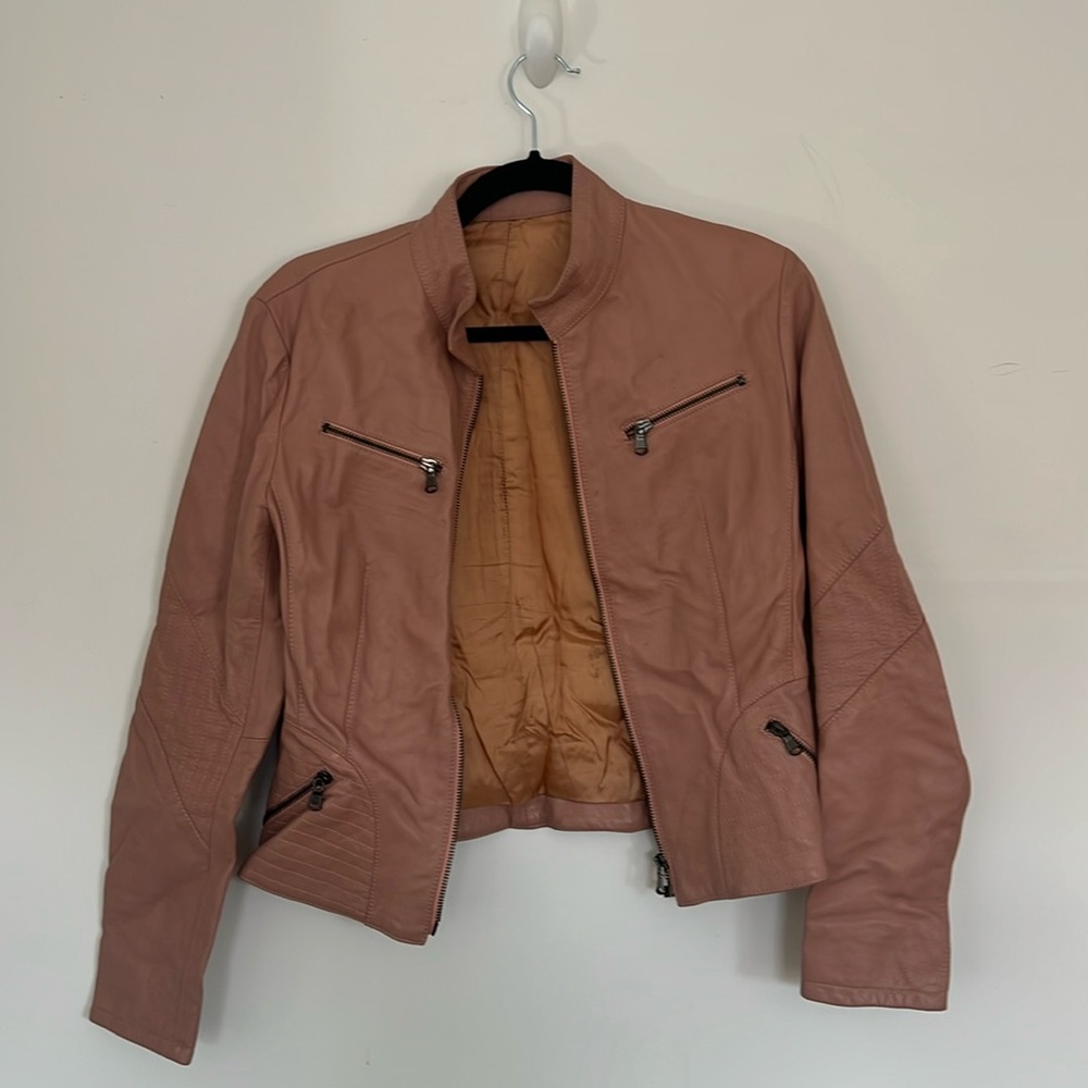 Mock neck pink Italian leather jacket